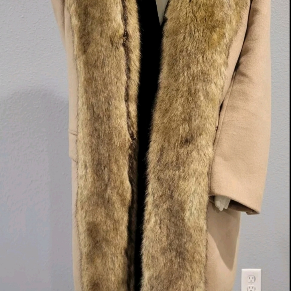 VINTAGE 70s Big Faux Collar Wool Coat Beige Tan BLACK LABEL SIZE L - Picture 3 of 13
